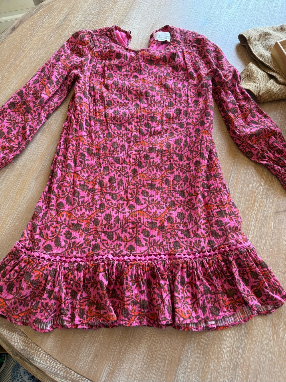 Anthropologie Pink Floral Long-Sleeve Ruffle-Hem Dress